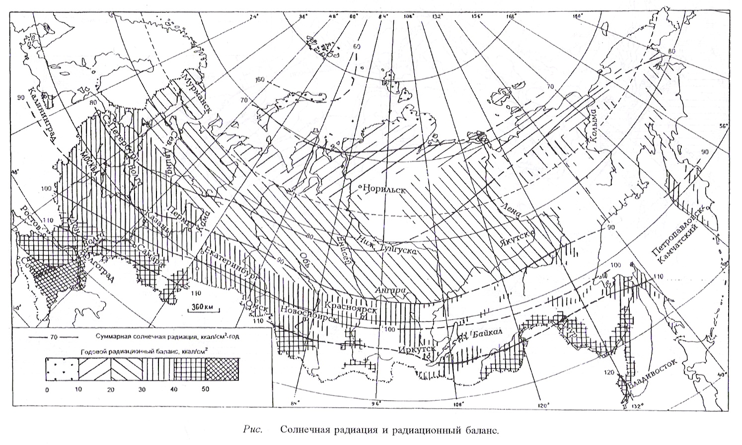 Карта суммарной солнечной радиации России